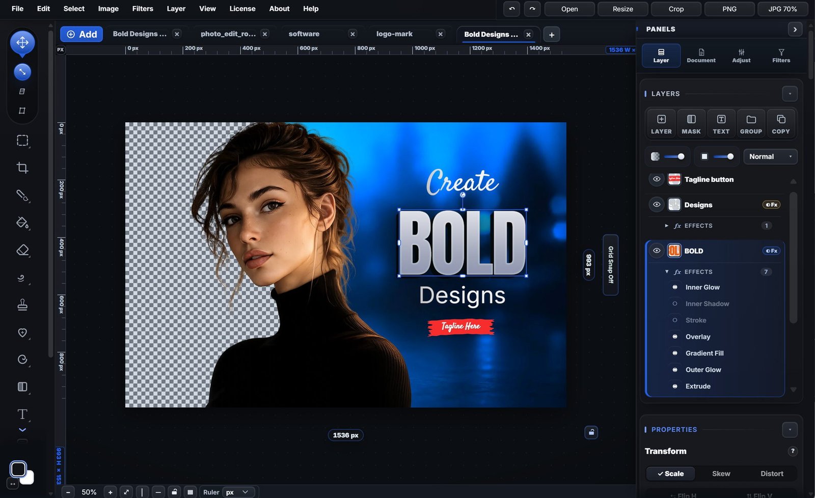 The PhotoEditRocket editor with a layered design open: layers panel, effects list and the canvas